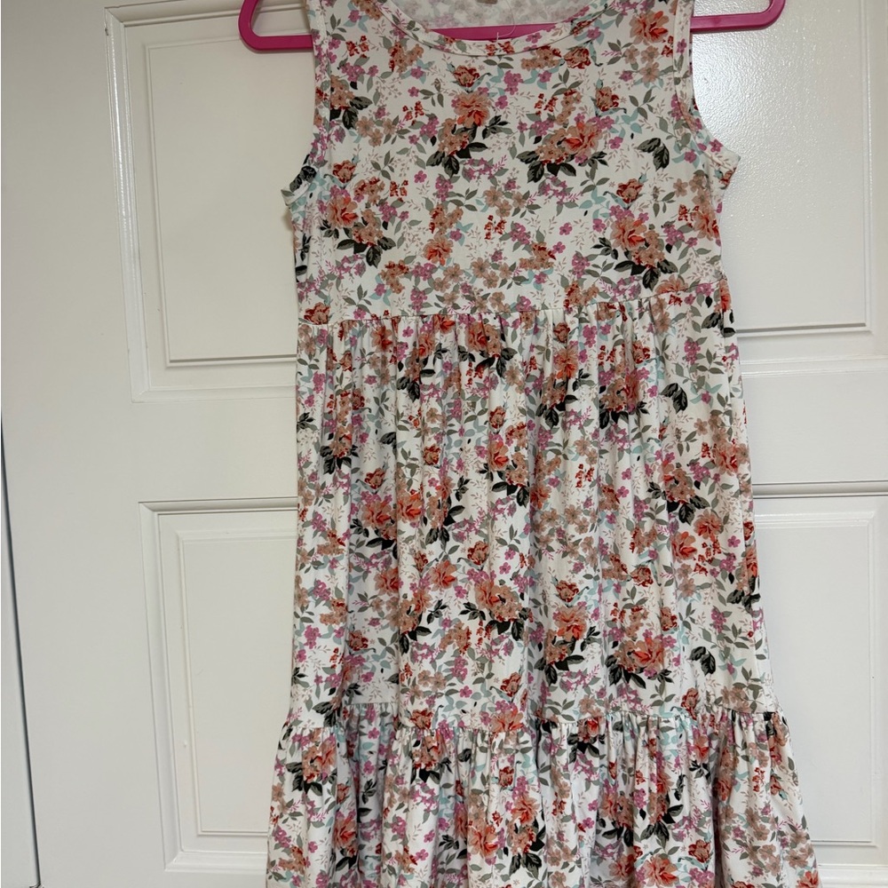 Girls Floral Tiered Sleeveless Dress - Pink & Cream